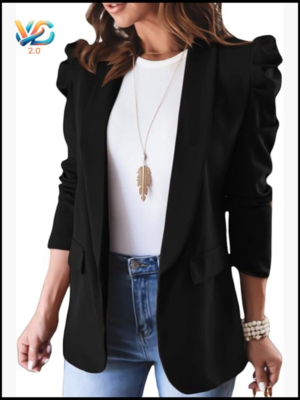 Puff Sleeve Blazer with Lapel Open Front Work Office Jacket